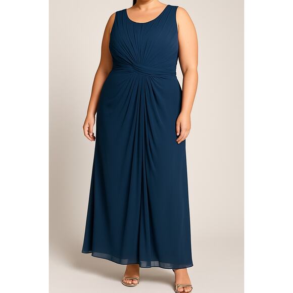 Alex Evenings Navy Pleated Chiffon Ruched Sleeveless Gown Formal Dress 16W Plus - Picture 1 of 6